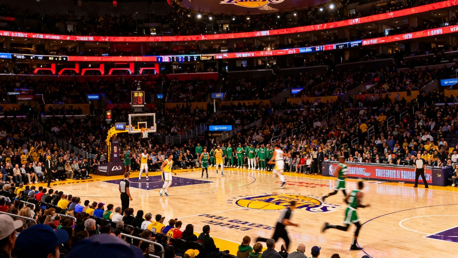 NBA湖人VS凯尔特人高清直播画面，球场全景观众席与记分牌