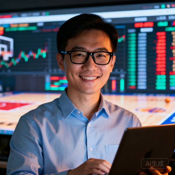 张明辉，篮球比分网创始人，戴眼镜微笑的男性数据工程师