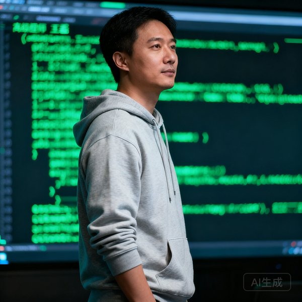 王磊，男性高级工程师，穿着休闲卫衣，背后代码屏幕